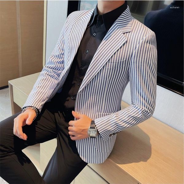 Abiti da uomo 2023 Giacca da uomo a righe autunno per uomo Stile britannico Semplice abito da lavoro slim fit Cappotti Formale Festa sociale Smoking da sposa