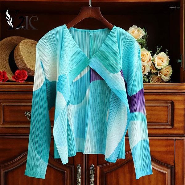 Giacche da donna Y2K Abbigliamento Pieghettato Stampato Donna Astratto Colore nuvola Elegante manica lunga Cardigan con scollo a V Camicia corta Giacca a vento Top