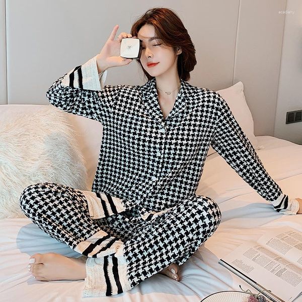 Roupa de dormir feminina casual femme veludo 2 peças conjunto de pijama roupa de dormir roupa de dormir com botão para casa roupas macias manga longa Lingerie