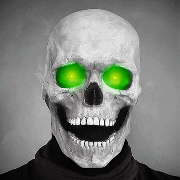 Partymasken Aktive Vollkopf-Schädelmaske mit beweglichem Kiefer, Kopfbedeckung, grüne leuchtende Augen, Halloween-Requisiten, Horror-Halloween-Maske HKD230801