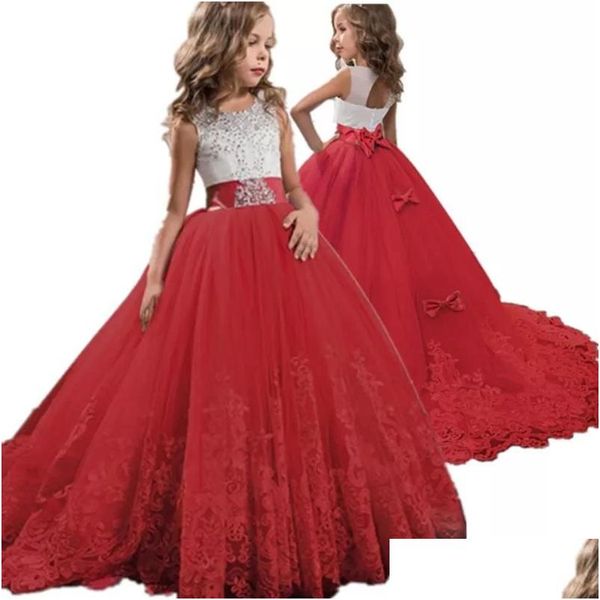 Vestidos de meninas meninas vermelhas rendas bordados vestido de festa de aniversário de natal flor vestido formal crianças para roupas adolescentes 6 14 drop delive dhjss