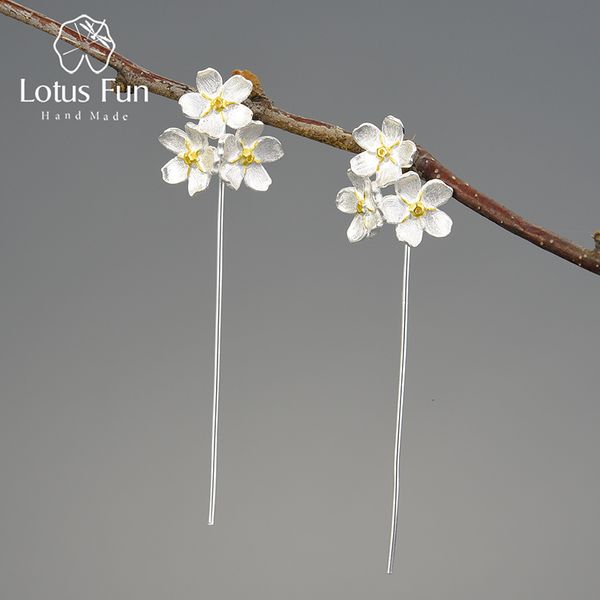 Stud Lotus Fun Long Hanging Elegant Forget-me-not Flower Orecchini pendenti per le donne Vero argento sterling 925 Original Fine Jewelry 230731