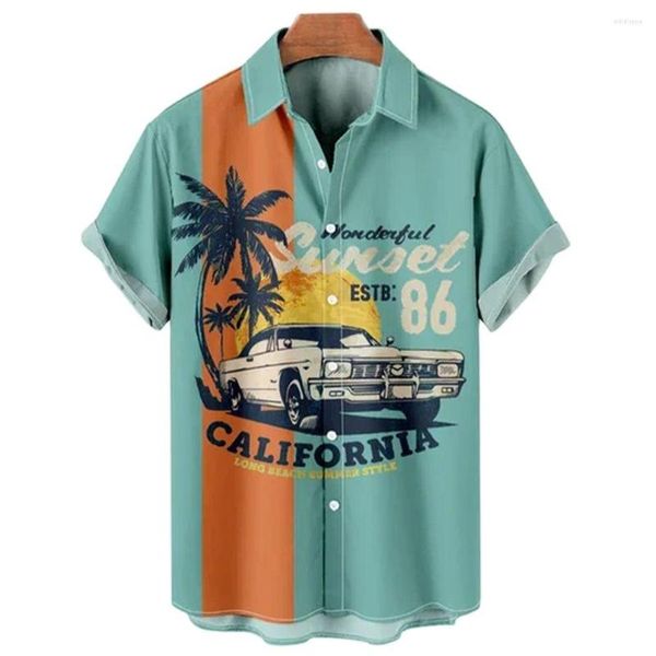 Magliette da uomo in stile hawaiano stampato per auto vintage estate casual oversize corto manica camicette a petto singolo