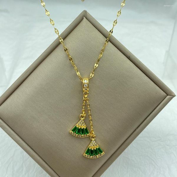Anhänger-Halsketten, Edelstahl-Halskette, grüner Zirkon, lange Quaste, fächerförmig, für Frauen, eleganter Stil, Modeschmuck