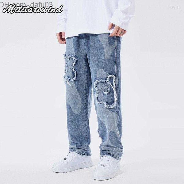 Erkek kot erkek kot pantolon sokak kıyafeti geniş bacak hip hop vintage sonbahar gündelik denim pantolonlar cadde aplike gevşek bol bol düz erkek pantolon z230801