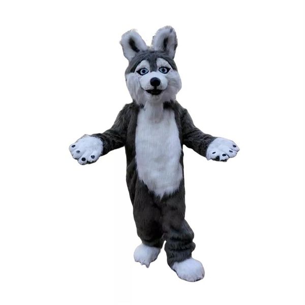 Traje de mascote de cachorro Husky de pele longa cinza de Halloween Lobo peludo fantoche headgear Raposa peluda Anime Fancy Dress Desfile Conjunto de ternos254V