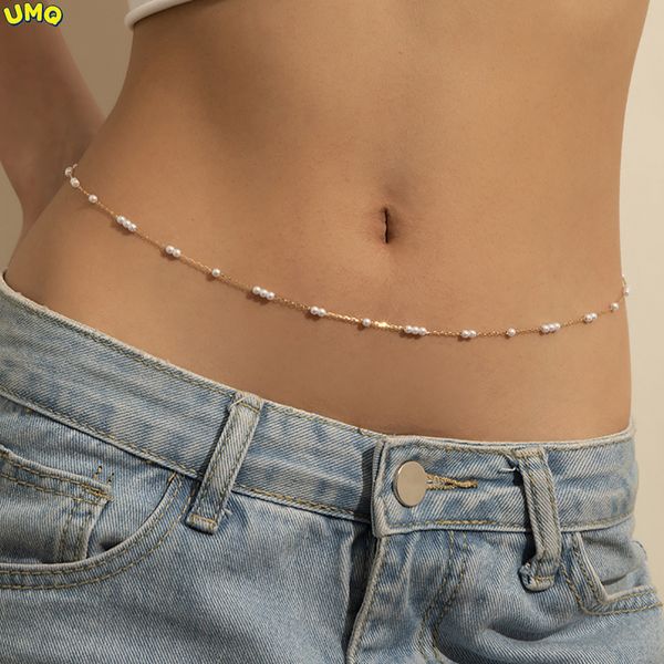 Navel Bell Button Rings Fashion sexy Cool Wind Millet Pearl Waist Chain Moda donna Geometric Metal Chain Single Layer Body Chaingifts for Women 230731