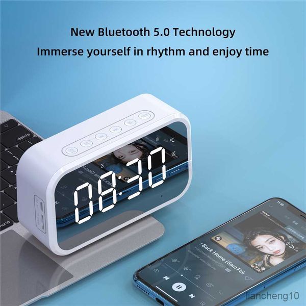 Alto-falantes portáteis Multifuncional Despertador Espelho sem fio Bluetooth Leitor de música Rádio FM LED Dimming Display Despertador digital de temperatura R230801