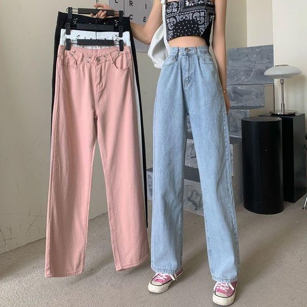 Jeans Feminino Cintura Alta Preto Rosa Moda Coreana Y2k Verão Calça Cargo Baggy Vintage Perna Larga Calça Jeans Roupas Femininas 2023