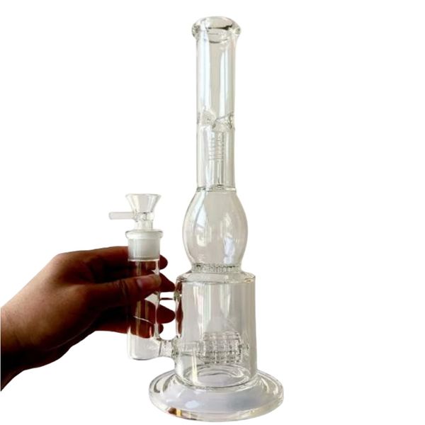 Narghilè Bong in vetro trasparente da 14 pollici con filtri a nido d'ape Perc Tire Recycler Bubbler Pipe per Dab Rig