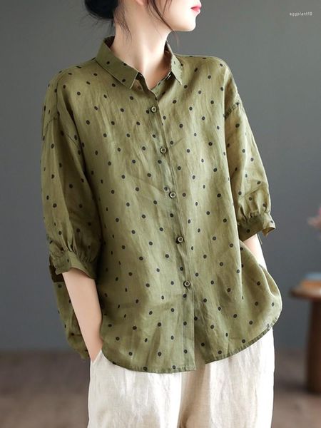 Blusas femininas femininas verão camisas casuais chegada 2023 estilo vintage gola virada para baixo estampa de bolinhas solta blusas de algodão femininas b2587