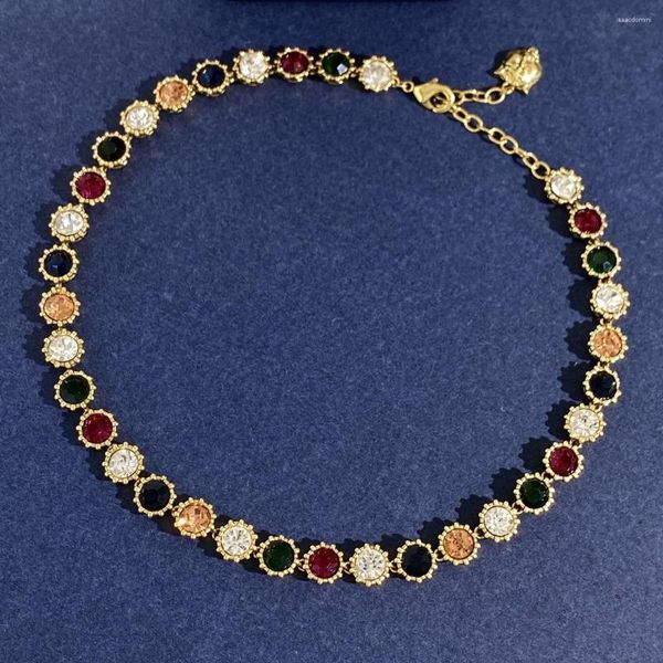 Halsketten mit Anhänger Vintage Sparkle Crystal Round Floral Katzenkragen Kurze Halskette