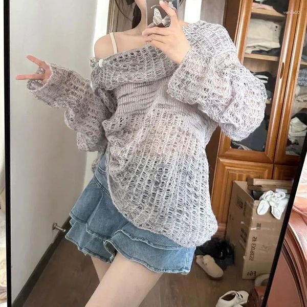 Женские свитеры Deeptown Korean Off Sweald Grey Sweater Женщины Кокетки негабаритный поход