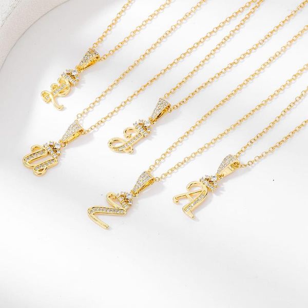 Anhänger-Halsketten, Zirkon-Buchstabe, für Frauen, Mikro-Pavé-Kubikzirkonia, elegante Kettenhalskette aus Messing, modischer runder Schnitt, CZ-Juwelen-Halsband