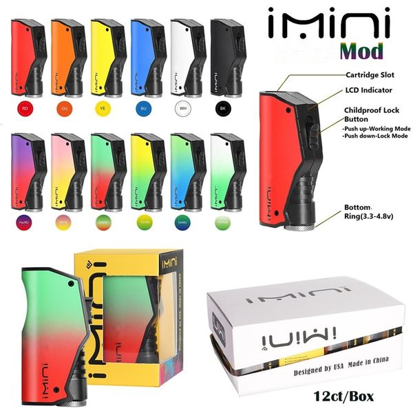 Bateria autêntica Imini Mod 500mAh com interruptor à prova de crianças Baterias de tensão ajustável inferior para cartucho 510 Vape 12 cores Metal Plastic Version