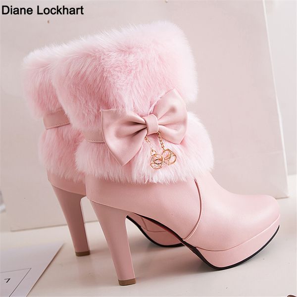 Stiefel Winter Damen Mode High Heel Stiefel Rosa Weiß Schwarz Pelz Quaste Bowtie Schöne Lolita Damen Party Hochzeit Schuhe Größe 32-43 230801