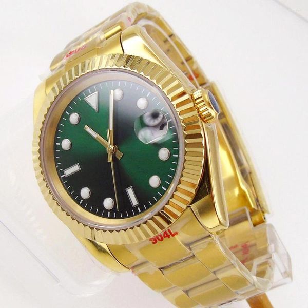 Orologi da polso 39mm Quadrante luminoso verde Vetro zaffiro Lunetta in oro giallo Movimento automatico MIYOTA 8215 Orologio da uomo Bracciale Jubilee/Oyster