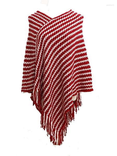 Camisolas femininas Outono Inverno Poncho Poncho Houndstooth Capas de Tricô Manto Suéter Decote em V Bainha Irregular Borlas Pulôver de Malha Top