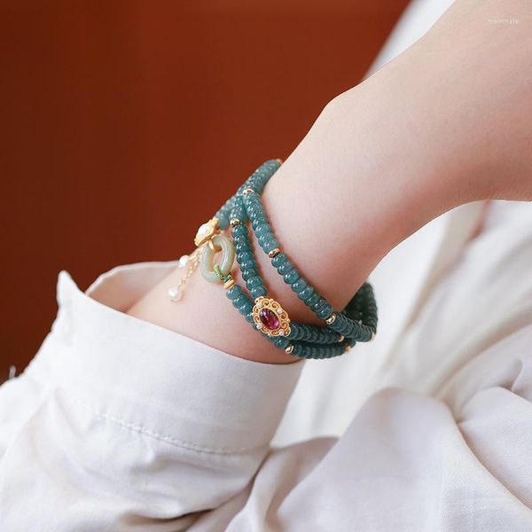 Strang Natürliche Blaue Wasser Jade Nationalen Stil Armband Damen Retro Drei Kreis Turmalin Perle Saphir