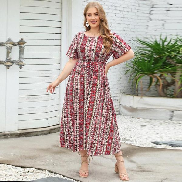 Vestidos tamanho grande XL-5XL Bohemia Vestido verão manga curta listrado praia festa de férias para mulheres 2023 roupas femininas