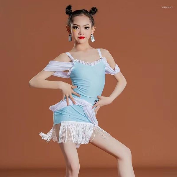 Roupas de palco Vestido de dança latina infantil Treinamento profissional Terno feminino com borla azul Rumba