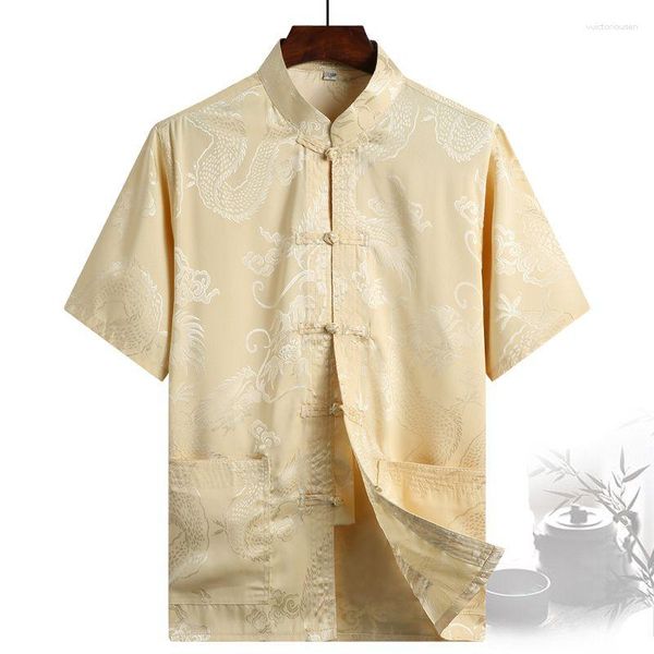 Camisas casuais masculinas verão Tang camisa de manga curta Top roupas étnicas de seda chinesa Hanfu Pan fivela tamanho grande Tai Chi