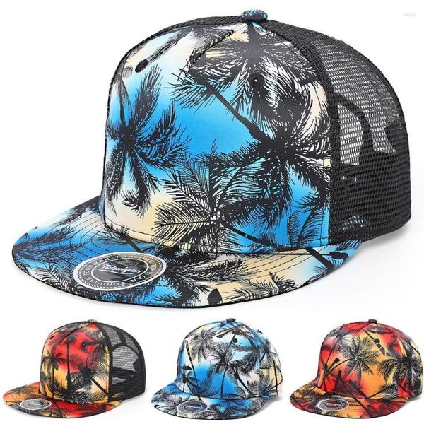 Шариковые кепки с гавайской кокосовой пальмой, летняя кепка с дышащей сеткой, шляпа дальнобойщика с плоским козырьком, регулируемая бейсболка, уличная солнцезащитная кепка