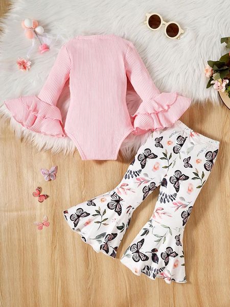 Conjuntos de roupas Macacão de laço rosa para menina com mangas compridas em forma de sino e calça flare floral Adorável conjunto de 2 peças para sua princesinha