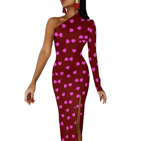 Lässige Kleider Rosa Herzen Drucken Maxikleid Eine Schulter Happy Valentine Club Bodycon Herbst Street Wear Lange Dame Design Kleidung