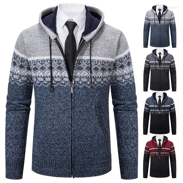 Männer Pullover Herbst Und Winter Dicke Mit Samt Männer Strickjacke Gestrickte Sweatercoats Patchwork Mit Kapuze Jacke Männlich M-4XL 8838