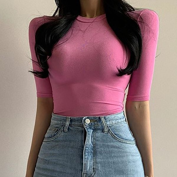 Damen-T-Shirt, solides, dünnes T-Shirt, Damen-Baumwolle, kurzärmelig, schlanke Basic-Shirts, Damen-koreanische Stil-Kleidung, T-Shirt, Femme, Rosa, 2023, Sommer-Top 230731