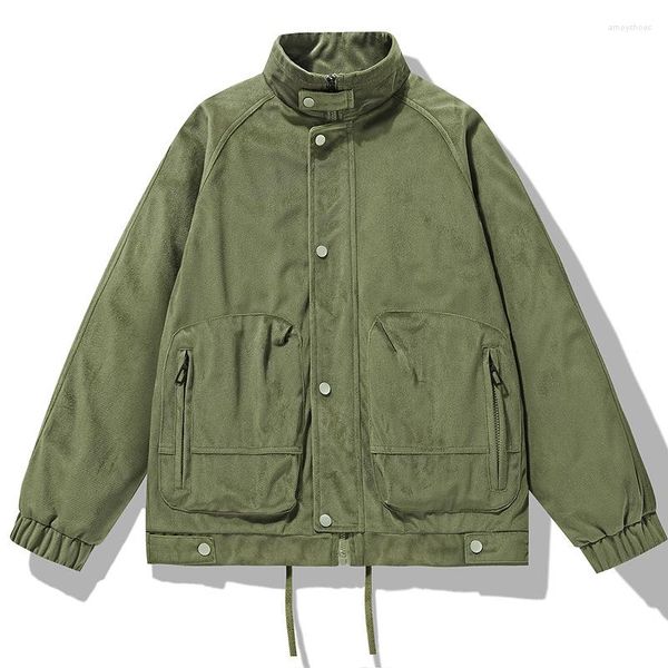 Chaquetas para hombre, chaqueta Bomber verde de manga larga para hombre, abrigo de tela de ante marrón caqui Retro de gran tamaño, uniforme de béisbol de pana de talla grande 4xl