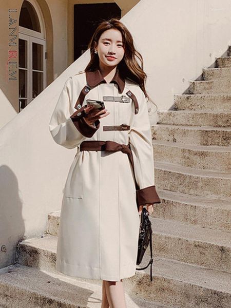 Frauen Trenchcoats LANMREM Koreanische Dünne Mantel Revers Designer Einreiher Lange Ärmel Patchwork Kontrast Farbe Caots 2023 2YA1518