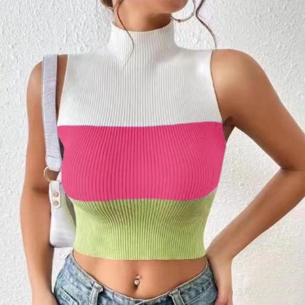 Damenblusen, ärmellos, bunt, gestreift, gestrickt, Bluse, Damen, halb Stehkragen, schlank, Tanktops, Damen, 2023, Sommermode, lässige Strickhemden