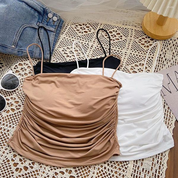 Frauen Tanks Spaghetti Strap Camis Frauen Plissee Korean Fashion Solid Farben Femme Korsett Crop Tank Tops Mit Integrierten Bhs dropship