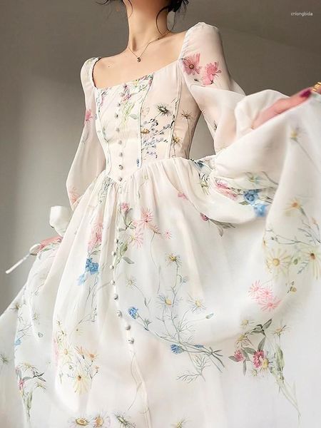 Casual Kleider Frauen Elegante Blumen Midi Kleid Damen Chiffon Langarm Gedruckt Abend Strand Fee Sommer