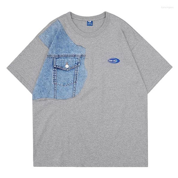 T-shirt da uomo T-shirt a maniche corte con pannelli a contrasto in denim T-shirt da uomo in cotone con stampa sportiva allentata T-shirt estiva casual a O collo da coppia