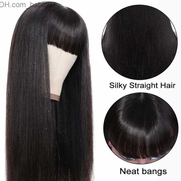 Perucas Sintéticas Virgem Brasileira Perucas de Cabelo Sintético com Franja Simples Nenhum Lace Front Perucas Sem Cola Feito à Máquina Resistente ao Calor Preto Feminino Longo Liso Z230801