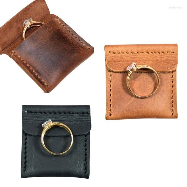 Bolsas para joias feitas à mão Sacos de armazenamento de anel de couro vintage Bolsa de anéis de material de couro Presente perfeito para qualquer ocasião T8DE