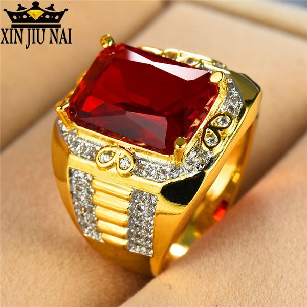 Обручальные кольца великолепный мужской большой красный камень S925 кольцо мода 18 кт желтого золота винтажные сведения для мужчин подарки для мужчин 230801