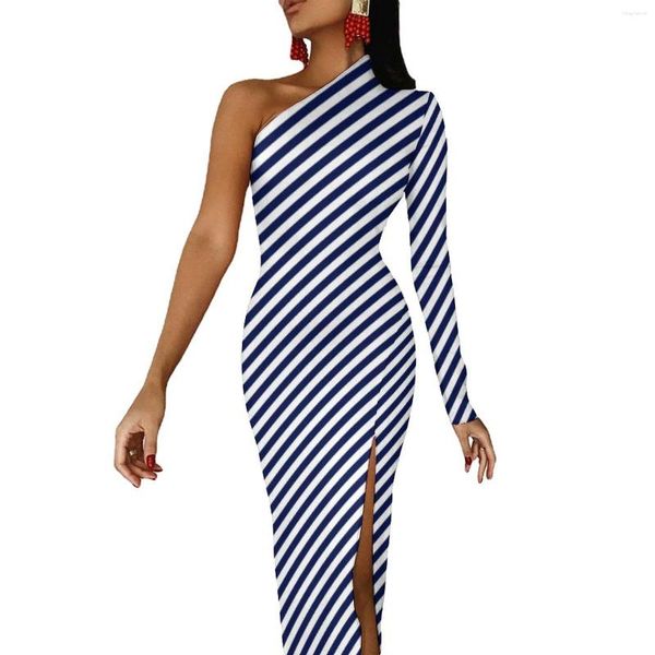 Lässige Kleider Candy Cane Stripes Langes Kleid Damen Mini Marineblau Party Maxi Herbst Retro Bodycon Side Split Design Vestidos