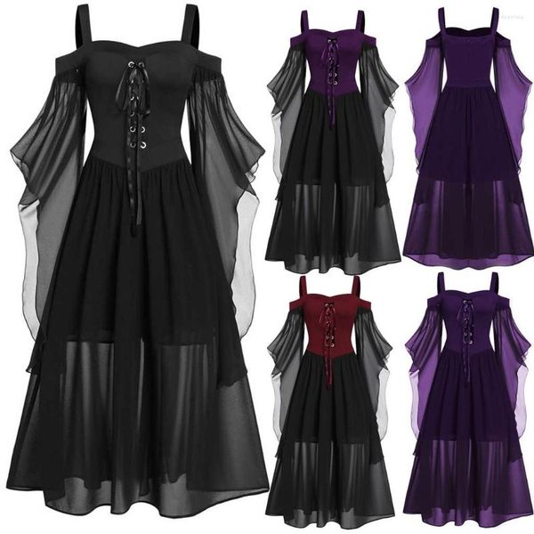 Vestidos casuais femininos Halloween gótico punk plus size vestido de renda ombro frio manga morcego vintage meninas festa longa