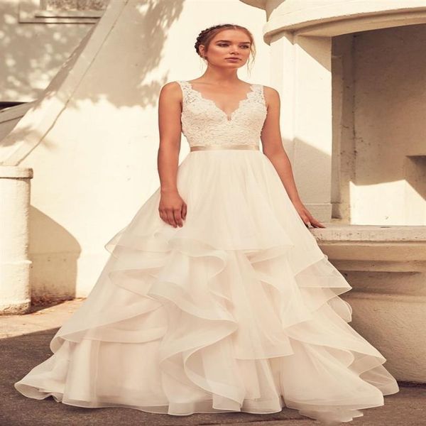 Paloma Blanca Spring Wedding Dress v Шея кружевная аппликация линейные свадебные платья простые платья поезда без рукавов254c