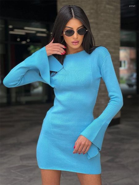 Sıradan elbiseler wjfzqm kadınlar zarif şık taç kılıf örgü mini bodycon için 2023 sonbahar kış mavi