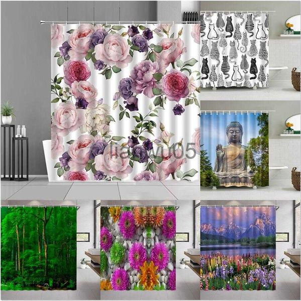 Cortinas de Chuveiro Rosa Flores Estátua de Buda Cortina de Chuveiro Primavera Plantas Florais Verde Natural Floresta Cortinas de Banho Tecido de Decoração de Banheiro para Casa x0731