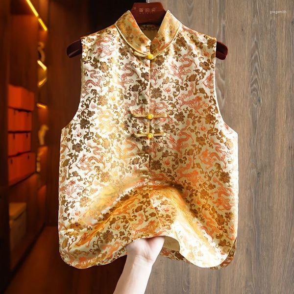 Coletes femininos Colete amarelo Roupas chinesas Botão Jacquard Jaqueta coreana Top Jaqueta Gilet Femme Casaco sem mangas Harajuku Streetwear