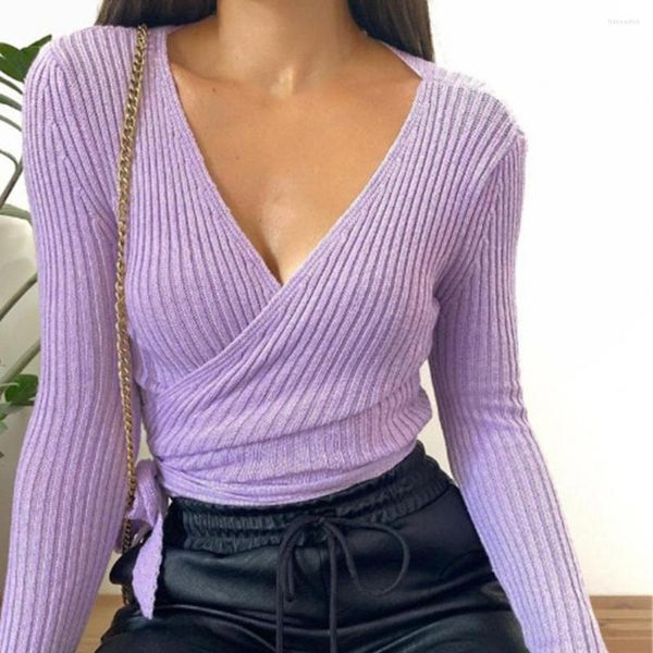 Frauenpullover Frauen Pullover Ribbing V-Ausschnitt T-Shirt Herbst Winter Langarm Bandage Gestrickte Top Streetwear Weibliche Strickpullover Ropa De