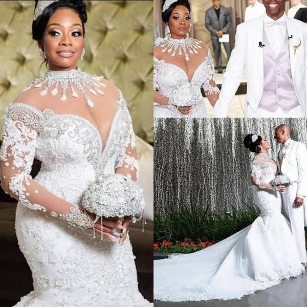 Plus Size Abiti da sposa a sirena africana nigeriano arabo collo alto manica lunga in pizzo perline corte dei treni abiti da sposa di lusso215h