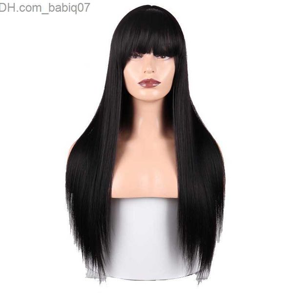 Синтетические парики длинные черные шелковистые прямые полные челковые парики 180% плотности японские волосы Синтетические волосы без кружевных париков.