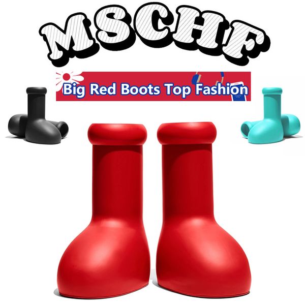 MSCHF Astro Boy Erkekler Kadın Tatil Kampüsü Doğum Günü Cosplay Props Yağmur Botları Tasarımcıları Büyük Kırmızı Boot Kalın Alt Alt Slip Olmayan Patika Kauçuk Platform Kökuş Ayakkabıları